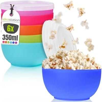 Abbildung von idea station NEO Plastikschüssel mit Deckel 6 Stück 12 cm / 350 ml bunt perfekte Müslischalen oder Salatschüssel bruchsicheres Schalen Set für Kinder Baby Brei