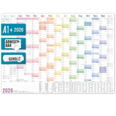 Abbildung von Häfft® abwischbarer Wandkalender 2026 groß: 89 x 63 cm (größer als A1) gerollt, 15 Monate: Nov 2025 Jan 2027, Wandplaner &quot;Rainbow&quot; nachhaltig &amp; klimafreundlich