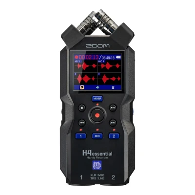 Abbildung von Zoom H4essential Handy Recorder (2024 Essential Serie), 4 Spur 32 bit, verbesserte X/Y Mikrofone, 2 XLR/TRS Eingänge, Musik, Podcast, Filmton, Content, barrierefrei bedienbar, schwarz