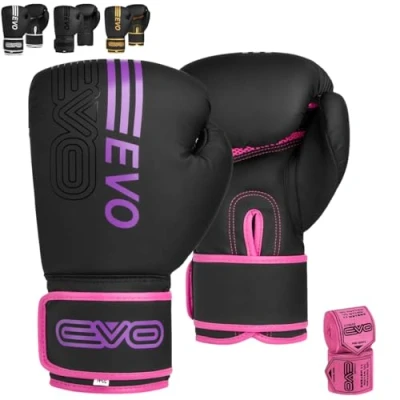 Abbildung von EVO Fitness Boxhandschuhe Männer Damen MMA Muay Thai Kampfsport Kickboxen Sparring Training Kämpfen Boxing Gloves Martial Arts Boxen Handschuhe Boxsack Rosa Handbandagen (Rosa, 14 OZ)