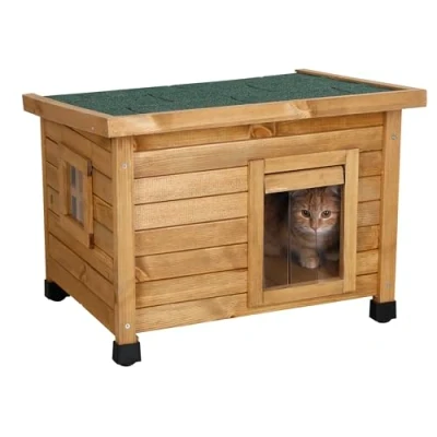 Abbildung von Kerbl Katzenhaus Rustica aus Holz, Schwingtüre mit Lamellen, Plexiglasfenster, Höhenverstellbare Kunststofffüße, Braun/Grün, 57 x 45 43 cm