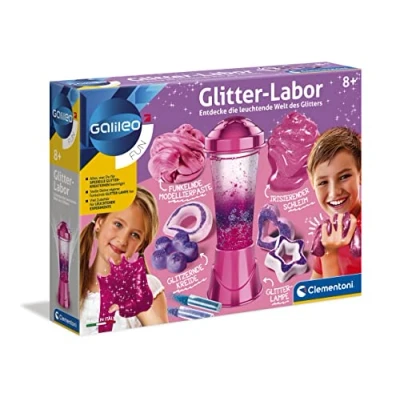 Abbildung von Clementoni Galileo Fun Glitter Labor, Basteln &amp; Experimentieren mit Glitzer, Kreide/Schleim/Modellierpaste/Lavalampe zum Selbermachen Dekorieren für Kinder ab 8 Jahren von 59224
