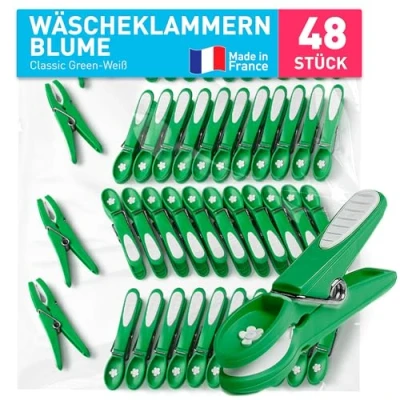 Abbildung von culiclean Wäscheklammern stabil ohne Abdruck Blume 48 Stück Classic Green weiß robuste Kunststoff Kluppen Soft Grip Clothes Pegs ideal zum Aufhängen von Wäsche Hosen T Shirts Unterwäsche Socken