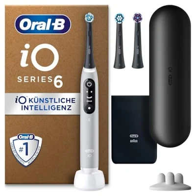 Abbildung von Oral B iO Series 6 PLUS Edition Elektrische Zahnbürste/Electric Toothbrush, 3 Aufsteckbürsten, 5 Putzmodi für Zahnpflege, Reiseetui, Designed by Braun, Grey Opal