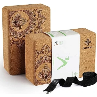 Abbildung von Overmont Yogablöcke Kork 2er Set Yogaklotz Yoga Block mit Gurt Korkblock für Fitness Pilates Stretching und Meditation