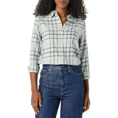 Abbildung von Amazon Essentials Damen Langärmliges leichtes Kariertes Flanellhemd in klassischer Passform, Schwarz Grau Karomuster, XS