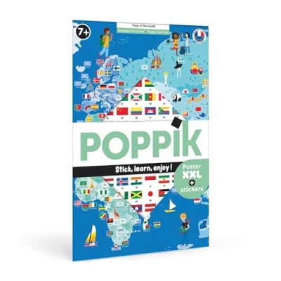Abbildung von POPPIK 1841223 Sticker Poster, Flaggen der Welt, interaktives Lernposter mit Aufklebern, mehrsprachige Weltkarte, für Kinder ab 7 Jahren, 68 x 100 cm