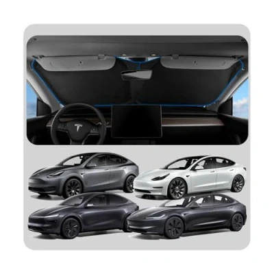 Abbildung von Spigen Tesla Model Y und 3 ( 2024 Highland) Auto Sonnenschutz, Faltbare Windschutzscheibe, Frontscheibe Sonnenschutz mit Aufbewahrungstasche, Sonnenblende Abdeckung, Kompatibel