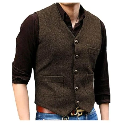 Abbildung von Solovedress Mens Vintage Classic Wolle Anzugweste Formale Regular Fit Weste Anzug für Hochzeit Groomsmen(Coffee,L)