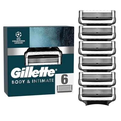 Abbildung von Gillette Intimate Rasierklingen, 6 Ersatzklingen für Nassrasierer Herren, mit verbesserten Gleitstreifen eine sanfte Anwendung, dermatologisch getestet