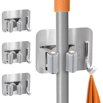 Abbildung von ECENCE Besenhalterung Wand Selbstklebend 4 Stück Besenhalter Ohne Bohren Gerätehalter mit Haken Edelstahl Mop Halter Halterung Besen Kleben für Küche, Badezimmer, Balkon, Garten Silber