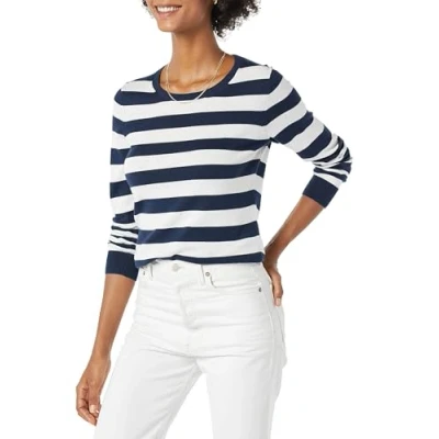 Abbildung von Amazon Essentials Damen Leichter, Langärmeliger Pullover Mit Rundhalsausschnitt (Erhältlich in Übergröße), Marineblau Weiß Rugby Streifen, M