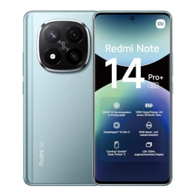 Abbildung von Xiaomi Redmi Note 14 Pro+ 5G Smartphone, 12 + 512GB, Blue, 200MP professionelle AI Kamera, IP68, 120W HyperCharge, Funktionen (kein Ladegerät enthalten)