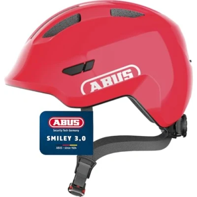 Abbildung von ABUS Kinderhelm Smiley 3.0 Fahrradhelm mit tiefer Passform, kindergerechten Designs &amp; Platz für einen Zopf Mädchen und Jungs Rot Glänzend, Größe S