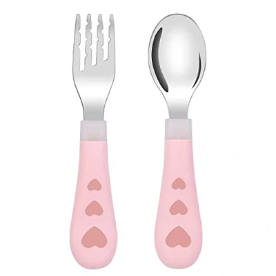 Abbildung von Vicloon Baby Gabel und Löffel Set, Edelstahl Besteck Set mit Cartoon Gestalten, Selbsternährende Lernutensilien, Babybesteck für Baby, Kleinkind, Kinder Rosa Liebe