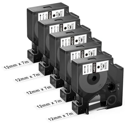 Abbildung von 5x Upwinning 45013 12mmx7m Black White Labelmanager 160 210D 280 360D 640 CB Etikettenband 12mm Kompatibel mit Dymo D1 Schwarz auf Weiß S0720530s als Ersatz für A45013