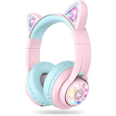 Abbildung von iClever Bluetooth Kopfhörer Kinder, Katzenohr LED Leuchten, Kabellose Kinder über dem Ohr mit MIC, 74/85dBA Begrenzte Lautstärke, 5.2, 50 Stunden Spielzeit für Schule/Reisen