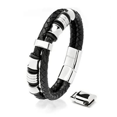 Abbildung von SERASAR Armbänder Herren Silber 23cm Männer Armband Leder Armreif Lederband Herrenarmreif Armschmuck Schmuck Flecht Wickelarmband Kette Leather Bracelet