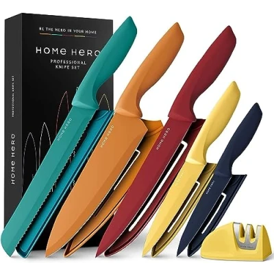 Abbildung von Home Hero Messerset mit Messerschärfer Scharfe Küchenmesser Set Messerblock Kochmesser Edelstahl Messer (5 tlg Scheide Mehrfarbig)