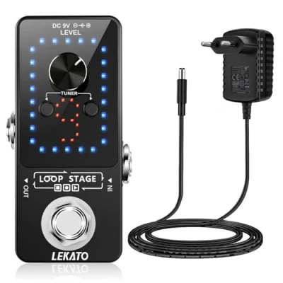 Abbildung von Guitar Looper mit Netzteil, LEKATO 9 Loops 40 Minuten Aufnahmezeit Gitarren Eingebautes Stimmgerät Unbegrenzter Overdub Elektronisches Effektpedal für E Bass (mit Adapter)