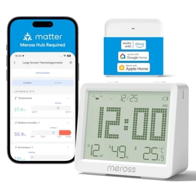 Abbildung von Meross WLAN Hygrometer Thermometer Innen, Smart LCD Digital Temperatur Luftfeuchtigkeitsmesser mit App Benachrichtigung, Humidity Sensor Kompatibel Matter, HomeKit, Alexa, Google, MSH450 Hub