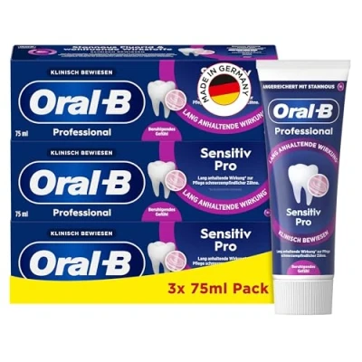 Abbildung von Oral B Professional Sensitiv Pro Beruhigendes Gefühl Zahncreme/Zahnpasta, Made in Germany, Eukalyptus &amp; Minze Geschmack, 3x75ml, Purple