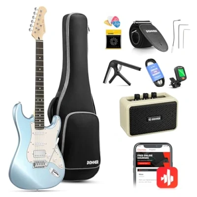 Abbildung von Donner E Gitarre, DST 152R Gitarren Set HSS Pickup Coil Split, Elektrische Gitarre Beginner mit Verstärker, Tasche, Zubehör, Metallic Eisblau