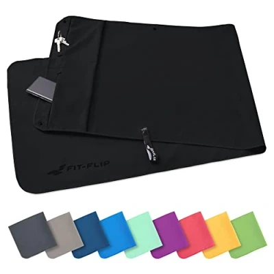 Abbildung von Fit Flip Fitness Handtuch mit Magnet und Reißverschluss Tasche Gym aus Mikrofaser für Sport Kompakt &amp; Schnelltrocknend Sporthandtuch Fitnessstudio Schwarz 130x48cm