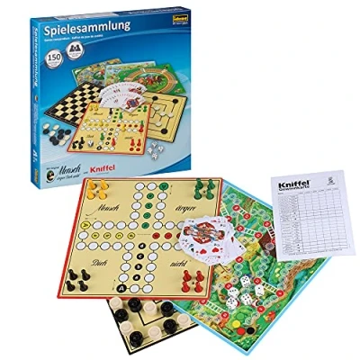 Abbildung von Idena 6102589 Spielesammlung mit 150 Spielmöglichkeiten, inklusive original Mensch ärgere Dich nicht und Kniffel, für 1 bis 8 Spieler ab 6 Jahren