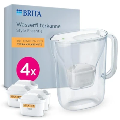 Abbildung von BRITA Wasserfilter Kanne Style Essential weiß (2,4l) inkl. 4x MAXTRA PRO Extra Kalkschutz Kühlschrankgeeignete Filterkanne mit Smart Light LED &amp; Klapp Deckel, filtert Verunreinigungen mehr