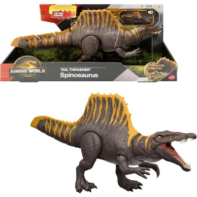 Abbildung von Mattel Jurassic World: Die Wiedergeburt Dinosaurierspielzeug, Tail Thrasher Spinosaurus Actionfigur mit 2 Angriffsbewegungen, filmgetreues und bewegliches Design, digitaler Spielspaß, JGB57