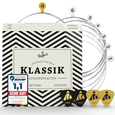Abbildung von BELFORT® Gitarrensaiten Konzertgitarre, Saiten für klassische Gitarre aus Nylon und Silber, Akustikgitarre (6 Set) Inkl. 4 Plektren + extra hoher E Saite
