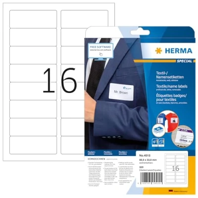 Abbildung von HERMA 4515 Namensetiketten ablösbar, 20 Blatt, 88,9 x 33,8 mm, 16 pro A4 Bogen, 320 Stück, selbstklebend, bedruckbar, rückstandsfrei abziehbare Acetatseide Namensaufkleber Etiketten, weiß