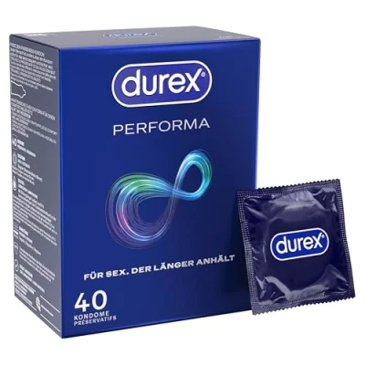Abbildung von Durex Performa Kondome Angenehmen Geruch, komfortablen Sitz und leichtes Abrollen Mit 5% benzocainhaltigem Gel in der Kondomspitze Befeuchtet &amp; transparent 40er Pack (1 x 40 Stück)