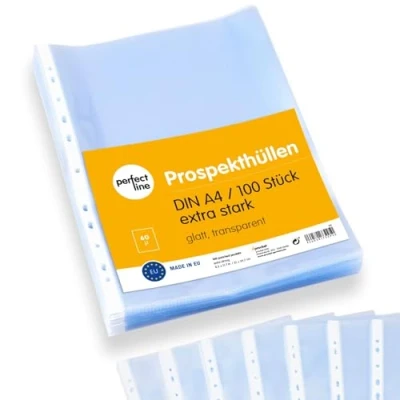 Abbildung von perfect line Prospekthüllen A4, Klarsichtfolien Glasklar, 60 my Stark, dokumentenecht, säurefrei (1 x 100 Stück.)