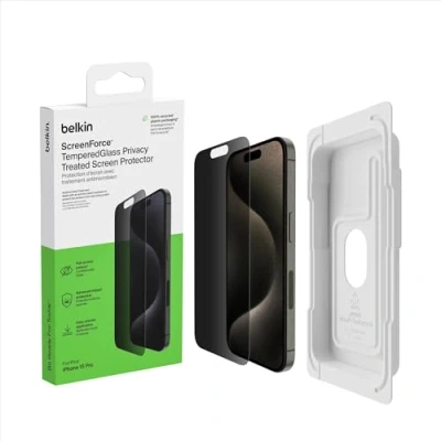 Abbildung von Belkin ScreenForce TemperedGlass antimikrobielle Display Privacy Schutzfolie für iPhone 15 Pro, dünn und kratzfest, inklusive Positionierungsschale eine blasenfreie Applikation