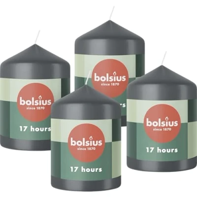 Abbildung von Bolsius Glatte Stumpenkerzen Anthrazit 4 Stück 8 x 6 cm Dekorative Haushaltkerzen Länge Brenndauer 17 Stunden Unparfümierte Enthält Natürliches Pflanzenwachs Ohne Palmöl