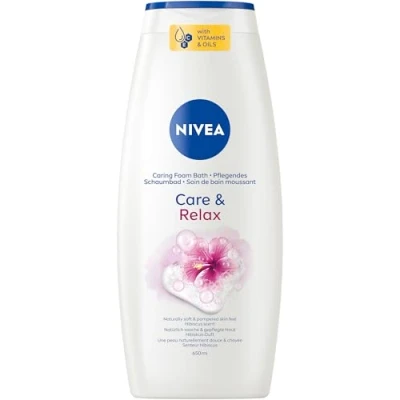 Abbildung von NIVEA Care &amp; Relax Pflegendes Schaumbad, pflegender Badezusatz mit entspannendem Hibiskusduft, hautschützendes Entspannungsbad für ein weiches gepflegtes Hautgefühl (650 ml)