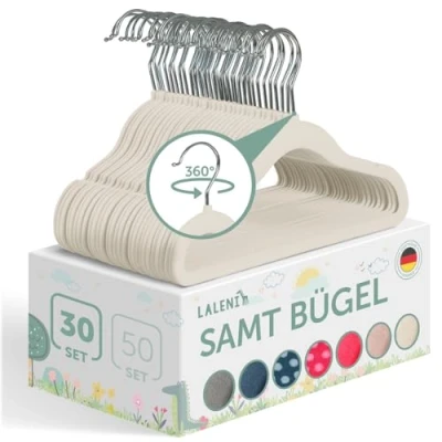 Abbildung von Laleni Kinderkleiderbügel 30 Stück mit Samtbezug platzsparende Kleiderbügel Kinder 360 drehbare rutschfeste samt Elfenbein