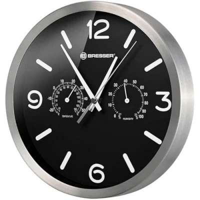 Abbildung von Bresser Funkuhr Wanduhr MyTime ND Thermo Hygro mit geräuschlosem Funkuhrwerk, Edelstahlrahmen und Anzeige für Temperatur Luftfeuchtigkeit, schwarz, 250x250mm