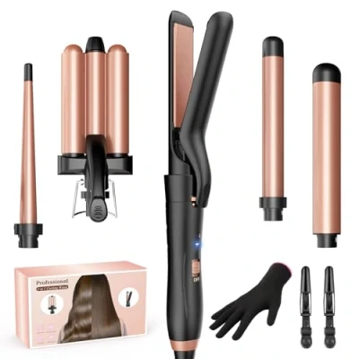 Abbildung von BESTOPE MIX Lockenstab mit Glätteisen, 3 Fässer antistatische Keramik Welleneisen für Haare einstellbarer 150C 210C Temperatur Schnelle Erwärmung Rose Gold 5 in 1
