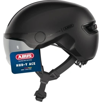 Abbildung von ABUS Stadthelm HUD Y ACE stylischer Fahrradhelm mit Visier und magnetischem, aufladbarem LED Rücklicht für Damen Herren Schwarz, Größe M