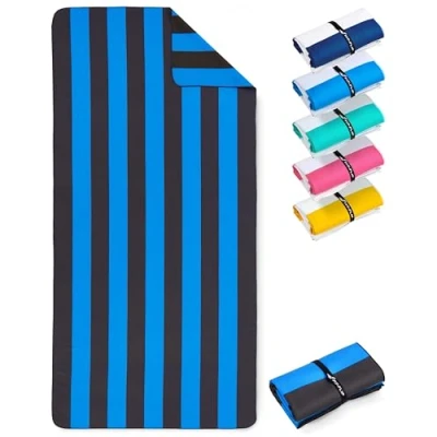 Abbildung von Fit Flip Strandtuch XXL Mikrofaser Badetuch Strandtücher leicht und schnelltrocknend 100% recyceltes Handtuch Strandhandtuch zum Baden (Blau Dunkelgrau gestreift 200x90cm)