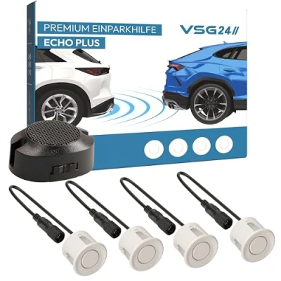 Abbildung von VSG24 Premium Einparkhilfe hinten zum nachrüsten am Auto, PDC Parksensoren mit Stecksystem für einfachste Montage Rückfahrwarner Lautsprecher &amp; 4 Sensoren Parkhilfe Nachrüstsatz Schwarz