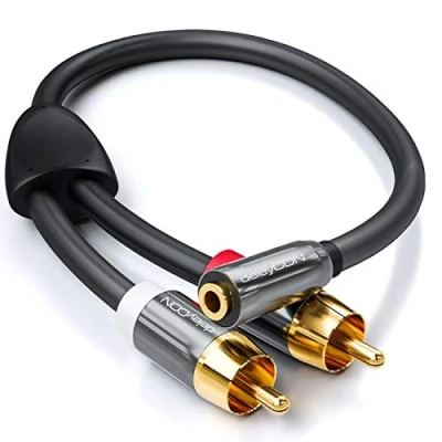 Abbildung von deleyCON 20cm Audio Adapter 3,5mm Klinken Buchse zu 2x RCA Cinch Stecker aus Metall Laptop Tablet Smartphone TV DVD Sound Box Schwarz
