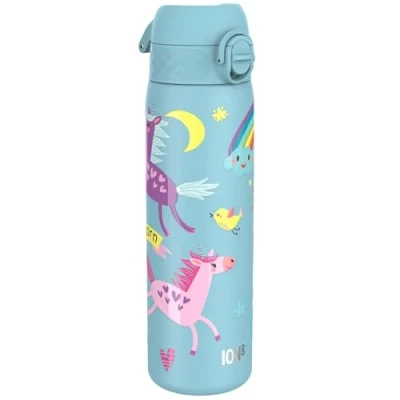 Abbildung von ion8 Stahl Trinkflasche, 600 ml, Auslaufsicher, Einhandöffnung, Sichere Verriegelung, Spülmaschinenfest, Klappdeckel, Tragegriff, Leicht zu Reinigen, Langlebig, Blau Einhörner