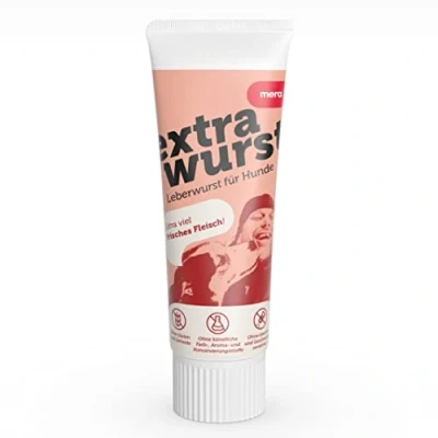 Abbildung von MERA Extrawurst getreidefreie Hundeleberwurst, 75g Tube mit viel Frischfleisch und Geschmack, Trainingsleckerli für ausgewachsene Hunde Welpen, ohne Zucker Salz