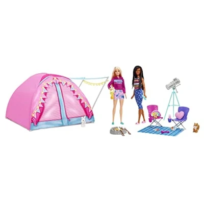 Abbildung von Barbie Abenteuer zu zweit Camping Spielset mit Zelt, inkl. 2 Puppen, Zubehör und Tiere, Geschenk für Kinder, Spielzeug ab 3 Jahre,HGC18