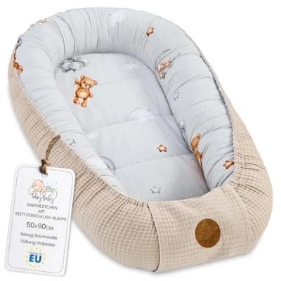 Abbildung von Babynest Neugeborene Nestchen Baby 90x50 cm Kokon Handmade zweiseitig aus Waffel Piqué Baumwolle Schlummer Teddybären B
