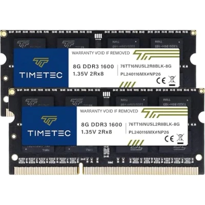 Abbildung von Timetec 16 GB KIT (2x8GB) DDR3L/DDR3 1600 MHz (DDR3L 1600) PC3L 12800 / PC3 Non ECC Ungepuffert 1,35 V/1,5 V CL11 2Rx8 204 Pin SODIMM Laptop Notebook PC Speicher RAM Schwarze PCB